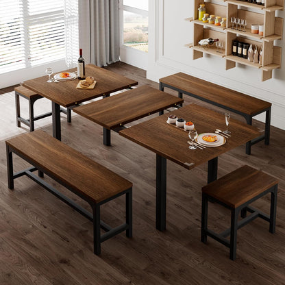 Feonase 5-Piece Dining Table Set for 4-8 People, 63" Extendable Kitchen Table with 2 Benches and 2 Square Stools, Mid-Century Modern Wooden Dining Room Table, Space-Saving, Walnut