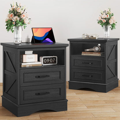 Fluest 24" Tall Farmhouse Nightstands Set of 2, Night Stands with Fast Charging Station, Beside Tables with Drawers and Open Storage, Rustic End Tables for Bedroom, Antique Black
