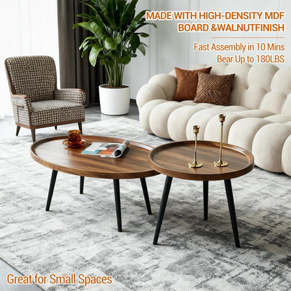 Nesting Coffee Table Set of 2-Mid Century Modern Guitar Pick Stacking Tables with Solid Wood Legs-Waterproof Circle Center Table for Living Room Bedroom Balcony