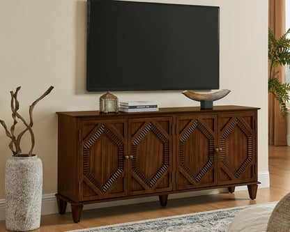 LKTART 65" Mid Century Sideboard Buffet Cabinet with Solid Wood Legs,Accent Storage Cabinet Credenza with 4 Doors for Living Room,Entryway,Kitchen(Walnut)