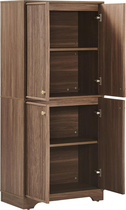 Crosley Furniture Naomi Modern Reeded Kitchen Pantry Storage Cabinet, Dining, Laundry Room, Bathroom, Walnut