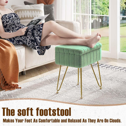 Greenstell Vanity Stool Chair Faux Fur with Storage, 15.7"L x 11.8"W x 19.4"H Soft Ottoman 4 Metal Legs with Anti-Slip Feet, Furry Padded Seat, Modern Multifunctional Chairs for Makeup, Bedroom,Green