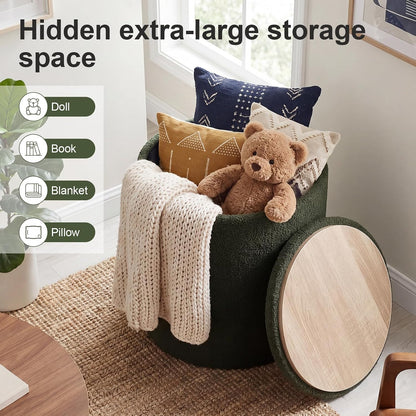 Joveco 14.5" Small Ottoman with Storage, Teddy Velvet Foot Rest Stool with Reversible Wood Tray Lid, Round Storage Ottoman Coffee Table, Vanity Stool for Living Room, Olive Green