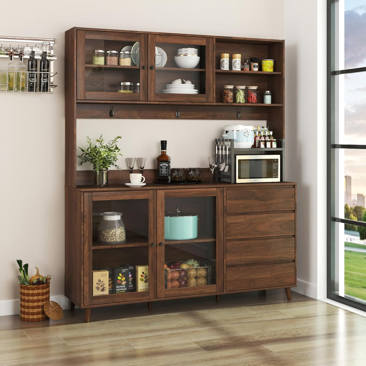 LUMISOL 63" Tall Walnut Rustic Modern Kitchen Hutch Cabinet Organizer, 4 Doors & 4 Drawers, 62.99"L x 15.75"W x 74.8"H, Kitchen Cabinet