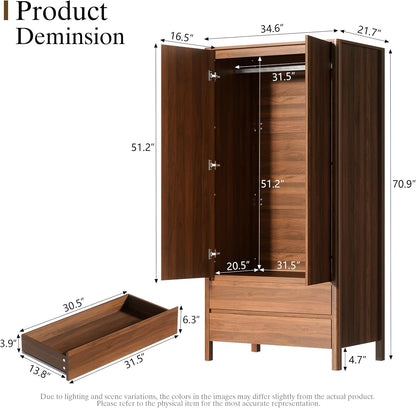 Furniway Armoire Wardrobe Closet, 70.9" Tall Wardrobe Cabinet with 2 Doors, 2 Large Drawers and Hanging Rod, Wooden Clothing Storage Cabinet for Bedroom, Cloak Room, Walnut
