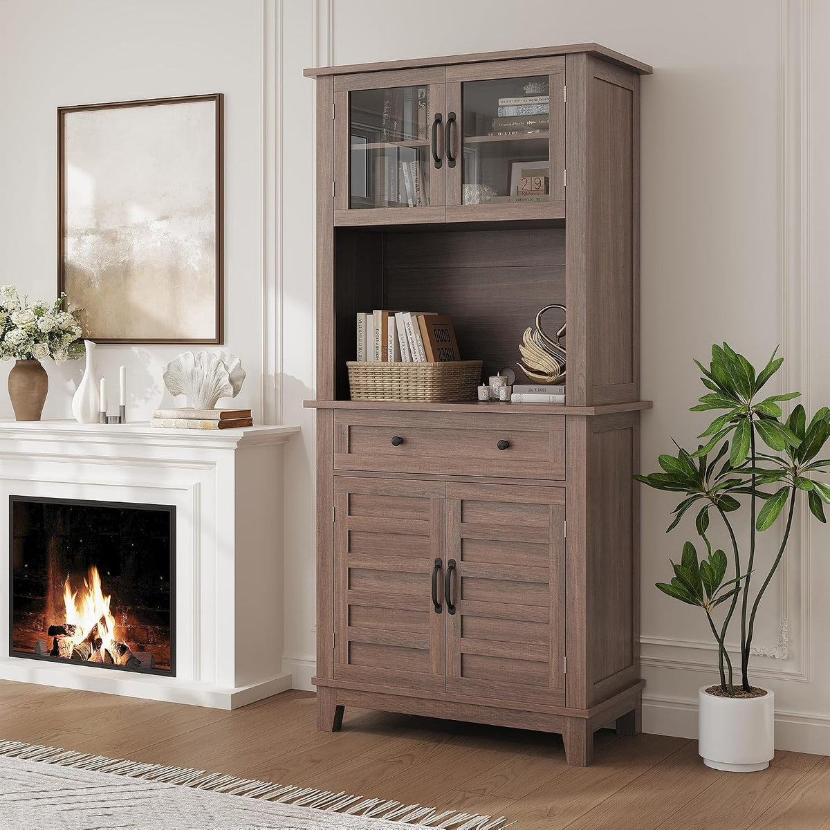 GAOMON 72“ Tall Pantry Cabinet with Drawer, 32” Wide Kitchen Pantry Storage Cabinet with Countertop, Large Kitchen Hutch with Storage Drawers and Doors for Dining Room, Living Room, Brown