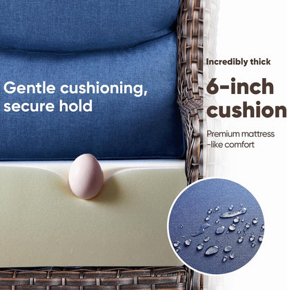 Swivel Patio Chairs sofa Set of 6 with 6" Thick Cushion - Wicker Outdoor Swivel Rocker Patio Chair ,Sofa/Glass coffee table, High Back Comfortable Outdoor Glider Chairs - Brown Wicker - Blue Cushions