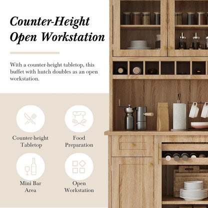 Polibi Farmhouse Freestanding Kitchen Pantry Cabinet Buffet with Hutch, Wine Rack, Adjustable Shelves, Pull-Out Bottle Trays & Glass Doors, 35.4x17.7x74.8inch,Natural