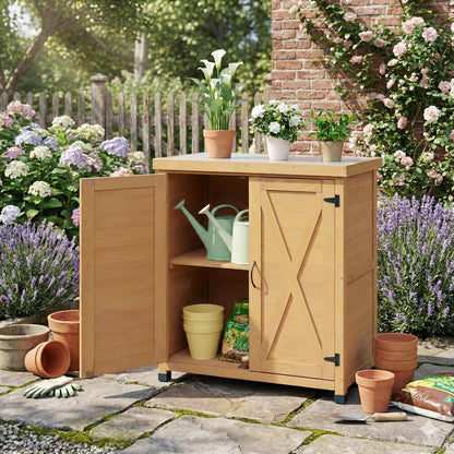 31" Sturdy Living Room Cabinet, Practical Cabinets with Weatherproof Wood, Storage Locker with Magnetic Door for Outdoor Patio, Light Brown