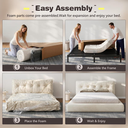 Homkdom Queen Cloud Bed Frame with 360 Cushioned Foam, White