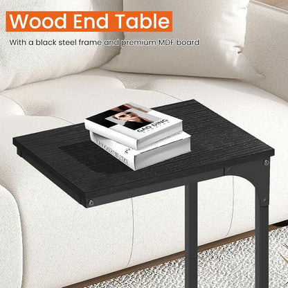 BLKMTY Small Side Table, C-Shaped End Wood Bedside Table, Snack Side Tables for Sofa, Couch, Living Room, Bedroom, Narrow Tables with Metal Frame & Adjustable Feet, Black