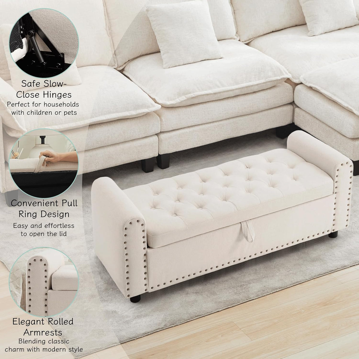 Ottoman with Storage, Tufted Storage Bench for Bedroom, 48" Fabrics End of Bed Bench, Upholstered Entryway Shoe Benches with Rolled Arm & Inner Zipper, Window Ottomans Chest with Rivets, Beige