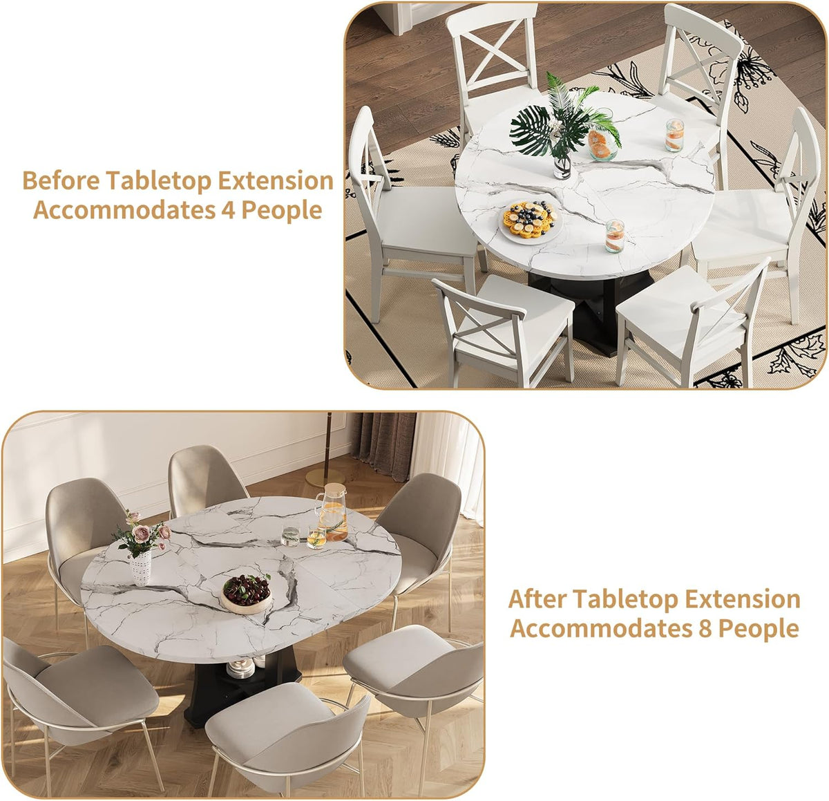 Extendable Dining Table 43"-59" for 4-6, White Faux Marble Round Kitchen Dining Room Table with 2 Tier Storage Shelves, Expandable Round to Oval Dinner Table with Storage for Kitchen Living Room