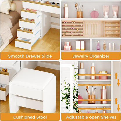 ANWBROAD Large Vanity Desk with Sliding Mirror and Lights& Jewelry Storage | White Makeup Vanity Desk with 11 Drawers,6 Shelves, 3 Color Lights,Dressing Table with Vanity stool, Power Outlet for Women