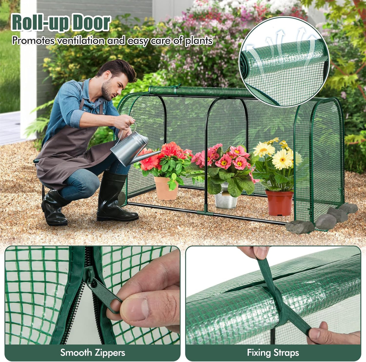 Happygrill Portable Mini Greenhouse, 47" x 22" x 24" Green House w/ Roll-up Zipper Door, Metal Frame, Waterproof Sun-Protective PE Cover, Small Greenhouses for Raised Garden Bed, Outdoor (Green)