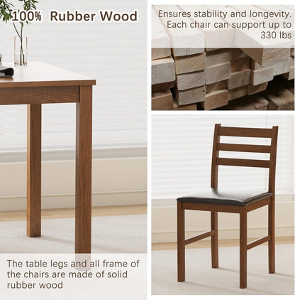 WiberWi Dining Table Set for 4, Solid Wood Kitchen Table and Chairs Set of 4, 43.3” Space-Saving Mid Century Modern Dining Room Table with Upholstered Chairs, Walnut