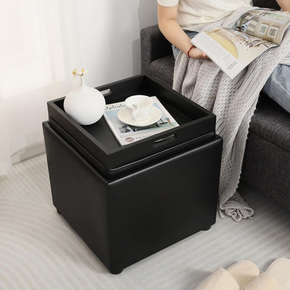 Adeco 17" Black Storage Ottoman Cube with Tray Lid, Small Footstool with Storage, Square End Table for Living Room & Bedroom