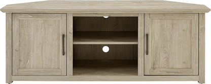 Crosley Furniture Camden Corner TV Stand for 65+ inch TVs, Entertainment Center with Storage Shelves, Frosted Oak