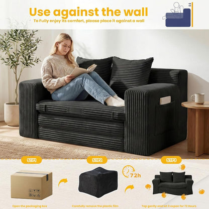 Couch, Loveseat Sleeper Sofa Bed – 3-in-1 Convertible Couch Bed with Side Pockets & Handle,Pull Out Corduroy Futon for Small Space,Living Room & Bedroom,2 Pillows Included,No Assembly