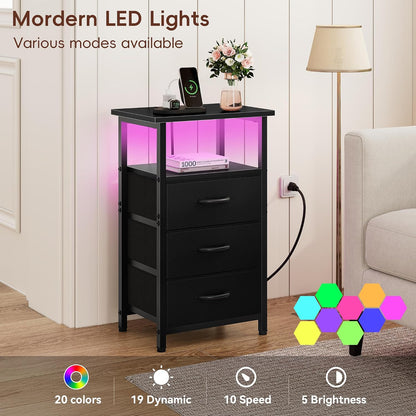 Vagusicc Night Stand Set 2 with Charging Station, LED Nightstand for Bedroom, Bedside Table with 3 Fabric Drawers, End Table Side Table with USB Ports & Outlets, Bed Side Table for Bedroom, Black