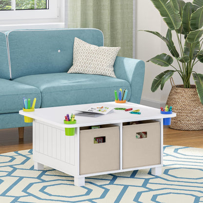 RiverRidge Kids Activity Table with Storage Cubbies, Cups and 2 Taupe Bins | Playroom Toddler Sensory Art Craft Table, 4 Toy Organization Shelves, 4 Multi-purpose cups, 2 Fabric Folding Cubes, Ages 2-4