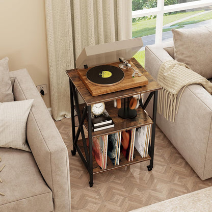 GOFLAME Record Player Stand with Power Outlet, 3-Tier Industrial Rolling Turntable Stand with 3 Vinyl Record Storage Dividers, Adjustable Shelf & Wheels for Living Room, Bedroom, Rustic Brown