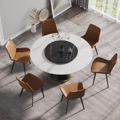 Montary 59” Modern Round Dining Table for 8, Artificial Marble Kitchen Table with Carrara White Sintered Stone Tabletop & Black Gold Lazy Susan, Black Slim Waist Carbon Steel Base