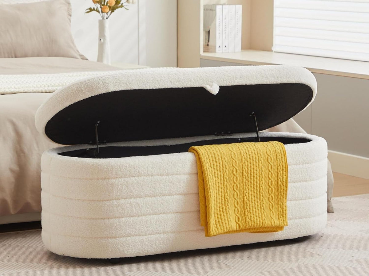 Storage Ottoman Bench End of Bed for Bedroom,45 inch Boucle Upholstered Entryway Shoe Seat Bench w/ Storage,Sherpa Modern Cute Padded Blanket Chest Stool Foot Rest for Living Room,Off-White