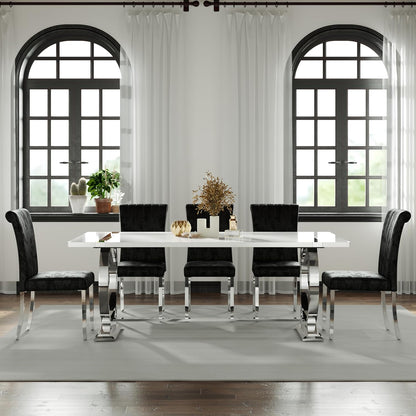BQueen 78 inch White and Silver Dining Table for 4-8, Luxury Modern White Large Kitchen Table with Chrome Stainless Steel U-Base for Dining Room Kitchen Apartment
