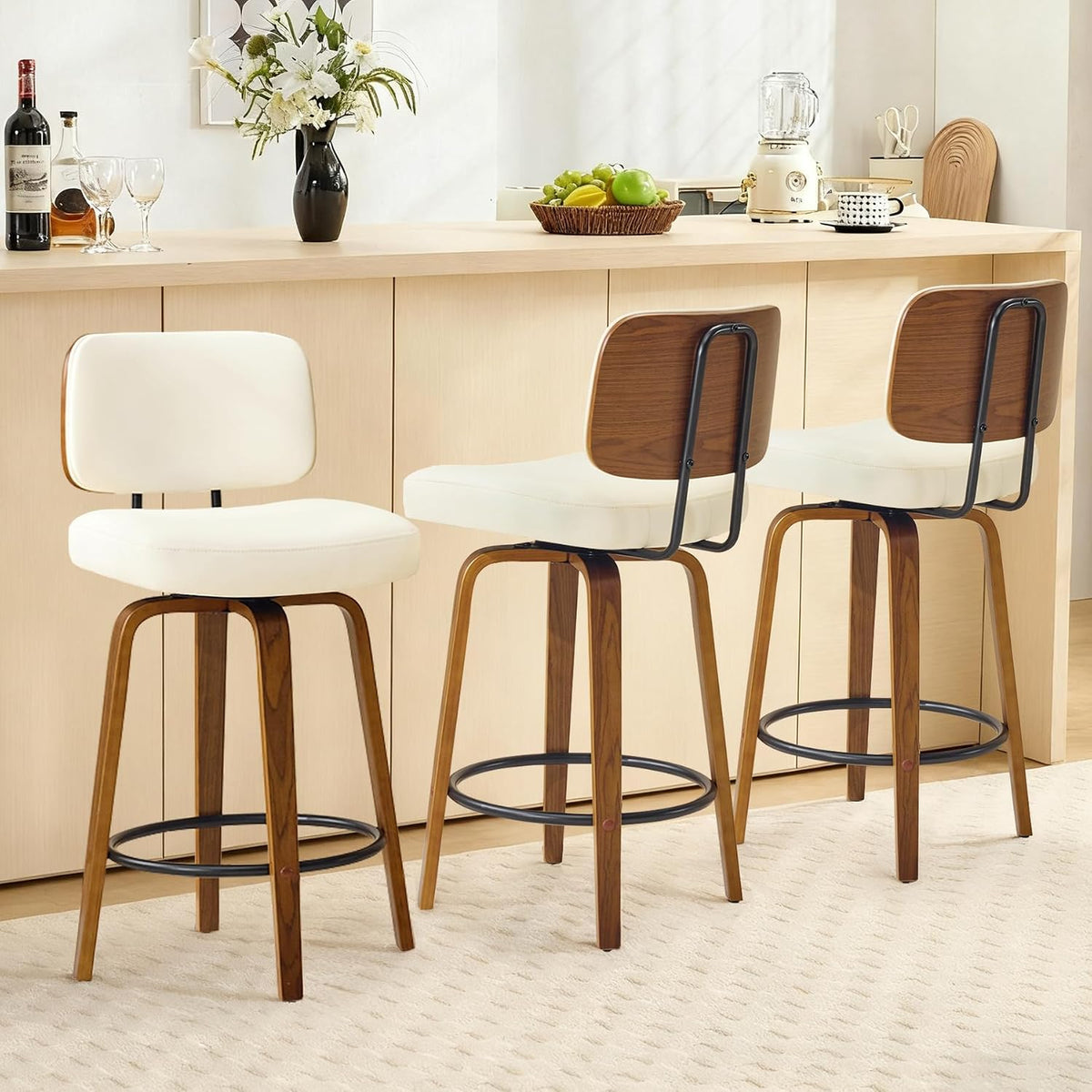Counter Height Bar Stools Set of 3, 26+inch Swivel Faux Leather Barstool with Back, Upholstered Mid-Century Modern Bar Chairs with Bent Wood Legs for Kitchen Counter, Dining Room, Cream White