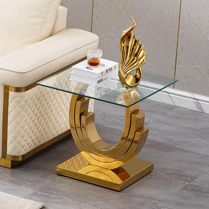 Gold Glass End Table, Modern 22.8" Square Sofa Side Table for Living Room, Tempered Glass End Bedside Table Nightstand with Ring-Shape Stainless Steel Base for Bedroom Home Office
