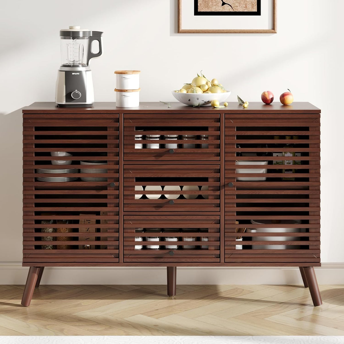 Furnify Buffet Cabinet with Slatted Doors, 47" W Sideboard Buffet with Drawers, Modern Mid Century Accent Storage Cabinet for Living Room, Entryway, Kitchen, Walnut