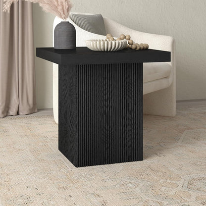 Henn&Hart 22" Fluted Modern Wooden Square End Table, Ribbed Side Table, Nightstand for Living Room, Office, Family Room, or Bedroom, Natural Black