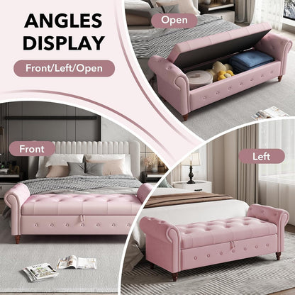 63" Wide Storage Bench, Velvet Upholstered End of Bed Bench with Pull Ring Design, Storage Shoe Cabinet Bench with Rolled Arm, Modern Window Bench for Bedroom (Pink)