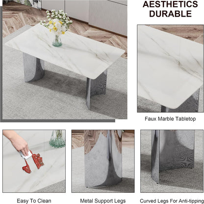 Marble Dining Table Set for 6,63" Kitchen Table Set of 6,Rectangle Dining Room Table Set with Silver Chrome Legs,Tempered Glass Dining Table Set with White Faux Leather Chairs for Dining Room