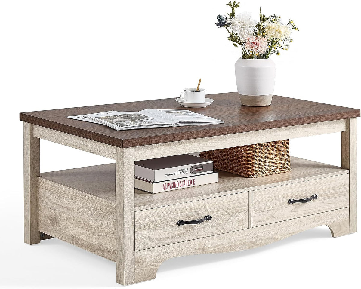 LINSY HOME Farmhouse Coffee Table with Storage, Wood Coffee Table for Living Room, Open Display Area and Storage Drawers with Metal Handles, Chic Style with Curved Base. Oak and Brown