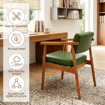 LSSPAID Mid Century Dining Chairs with Wooden Handrail, Pu Upholstered Armchair Comfy Backrest Modern Kitchen Chairs for Bedroom Living Room Dining Room, Green, Set of 1