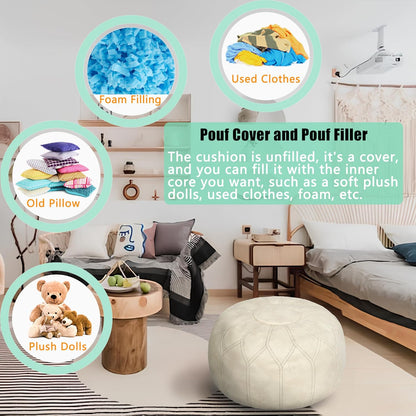 Thgonwid Unstuffed Moroccan Faux Leather Pouf Ottoman Cover with Storage - Boho Chic Multi-Use Footrest for Living Room, Bedroom, Patio - Round Ethnic Floor Cushion & Decorative Accent, Ivory