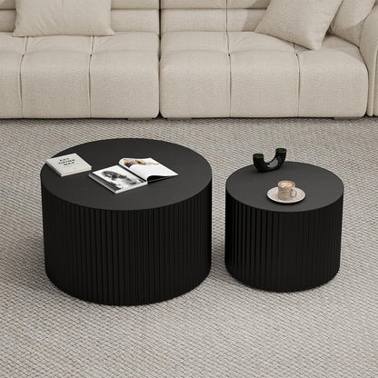 Round Wood Coffee Table Set of 2 Modern Round Fluted Nesting Coffee Tables Handcrafted Wooden Circle Nesting Table for Living Room for Small Space (Black (D27.56+D19.69 inch))