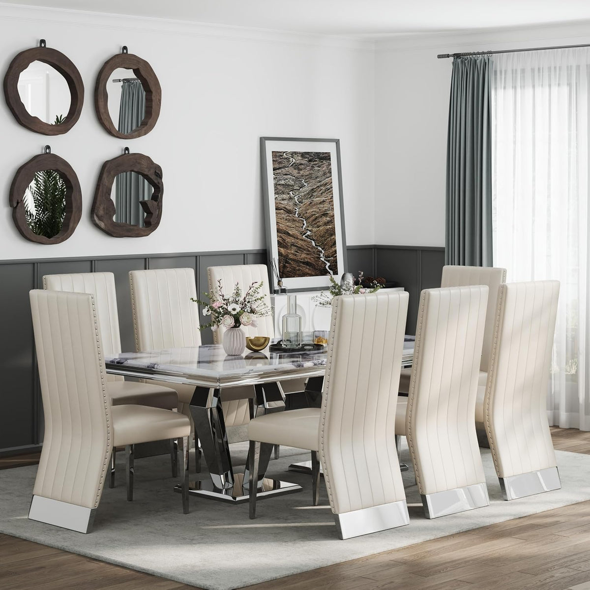 AUZ Modern White Leather Dining Chairs with Silver Mirrored Legs, Set of 2 | White Upholstered Leather Kitchen Room Chairs, High Back with Nailhead Trim, Polished Chrome Stainless Steel Legs