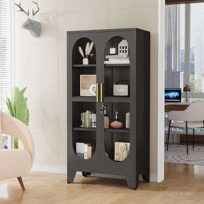 GAIOUS 61" Tall Metal Curio Cabinet, Display Cabinet with Glass Door, 4 Tier Liquor Cabinet with 3 Adjustable Shelves, Locking Glass Display Case for Collectibles, Showcase Storage Cabinets, Black