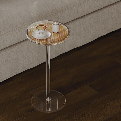 HMYHUM Acrylic Rattan Drink Table for Small Spaces, 11.8'' L x 11.8'' L x 24'' H, Round Coffee Martini Drink Side Table with Pedestal for Living Room, Corners, Sofa, Clear, Easy Assembly