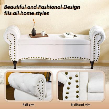 ZZW Storage Ottoman Bench, 51" Upholstered Bench & Ottoman with Safety Hinge, Tufted Bed Bench with Rolled Arm and Nailhead Trim, End of Bed Storage Bench for Bedroom, Living Room, Entryway White