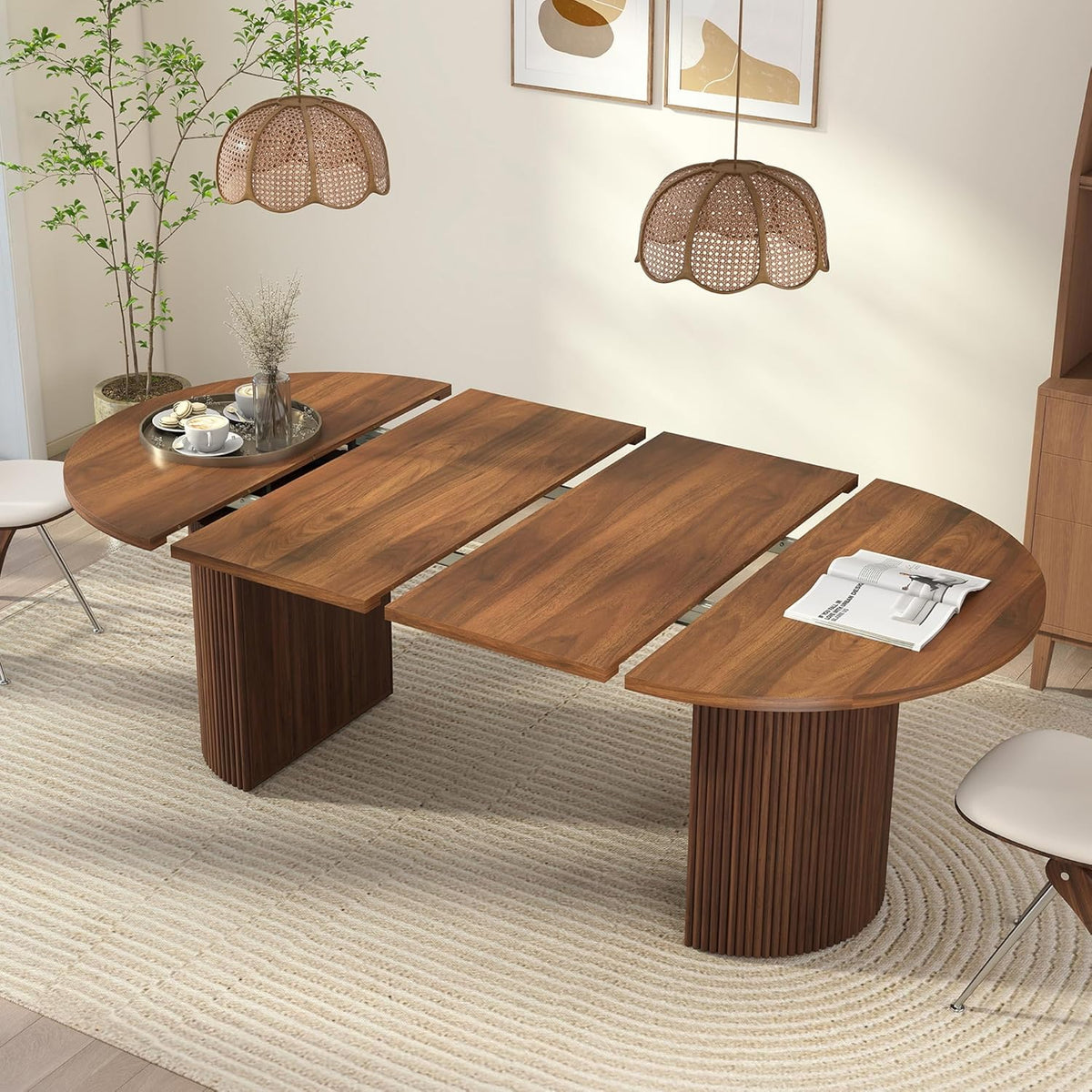 41 in-78 in Extendable Dining Room Table for 4-8, Round Expandable Kitchen Table with Fluted Base, Modern Farmhouse Oval Dinner Tables for Dining Room Kitchen Living Room (Walnut)