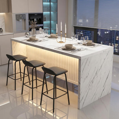 71’’ Large Faux Marble Dining Table for 6 People, 37.4’’H Tall Modern Kitchen Island with LED Lights, Rectangle Kitchen Dining Table for Home