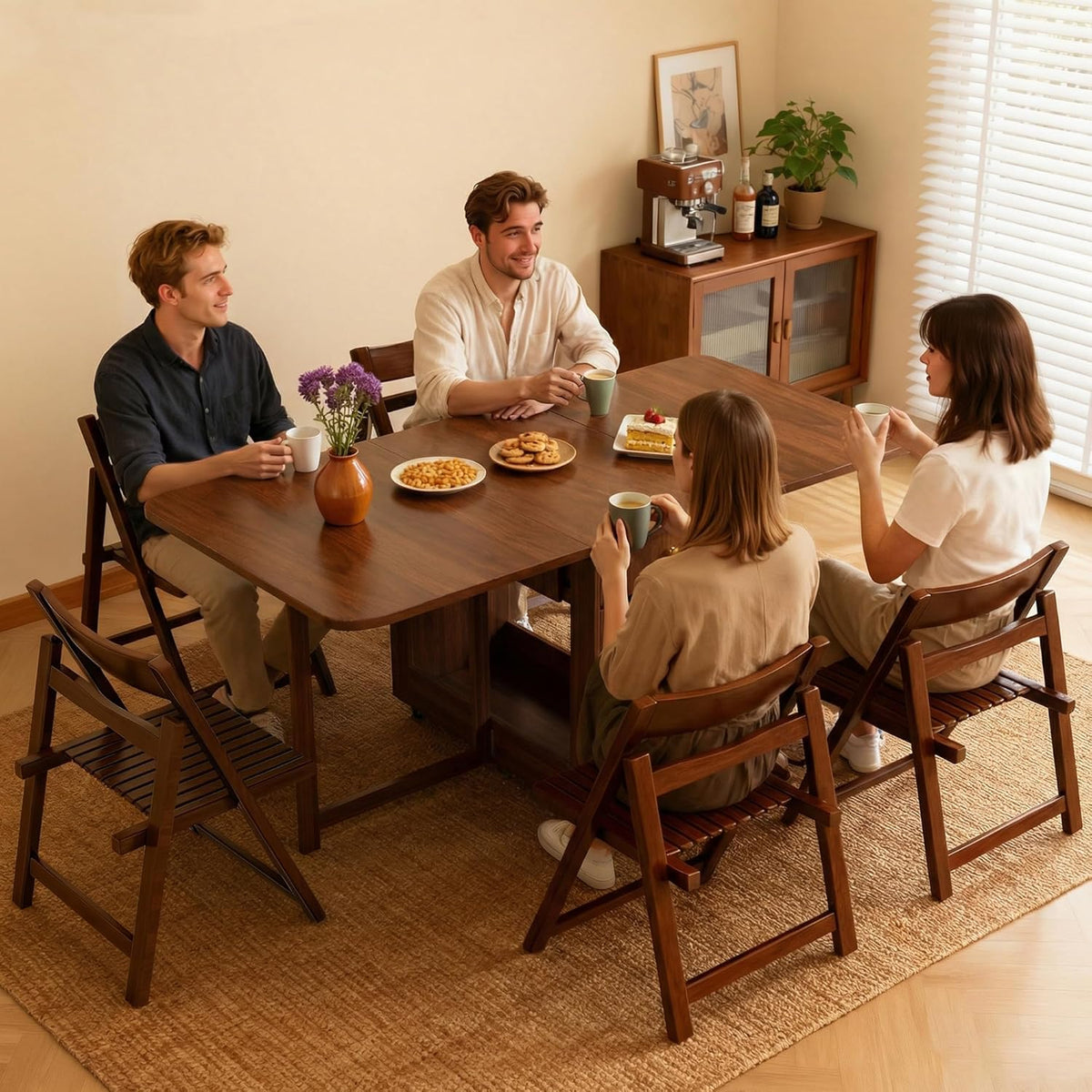 Small Drop Leaf Table - 51" Fully Assembled Folding Dining Table 4-6 Seater with Storage and Lockable Wheels, Space-Saving for Kitchen or Dining Room (Walnut)