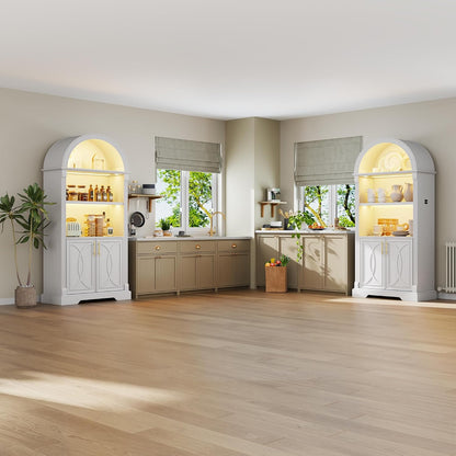 Vlsrka Kitchen Pantry Storage Cabinets with Adjustable Shelves, 71" Tall | Arched Wooden Cabinet with Doors, 3 Colors LED Lights, Motion Sensor, Freestanding, for Living/Dining Room, White