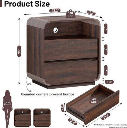 Standifurno Modern Walnut Nightstand, 25" Tall Wooden Bedside Table with Charging Station, 2 Storage Drawers Side Table Curved Profile, Handleless, Large End Table Night Stand for Bedroom, Office