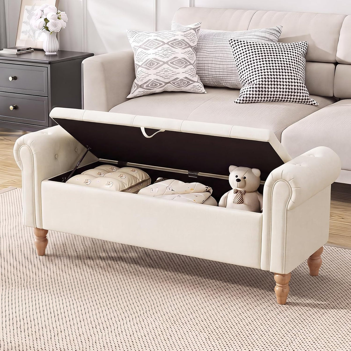 Furniliving 55” End of Bed Bench, Bedroom Bench with Button-Tufted, Large Upholstered Storage Ottoman Entryway Bench with Storage Shoe Cabinet Bench, for Bedroom, Linen, Beige