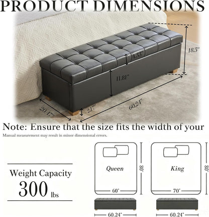 Aoiy & Wifon 60.2'' W Storage Ottoman Bench, PU Upholstered Ottoman with Storage, End of Bed Storage Bench with Wood Legs for Bedroom, Entryway, Window, Living Room, Gray